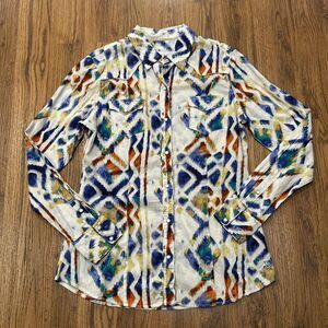 Tin Haul Shirt Womens Large Cowgirl Pearl Snap Cream Blue Red Western Rodeo